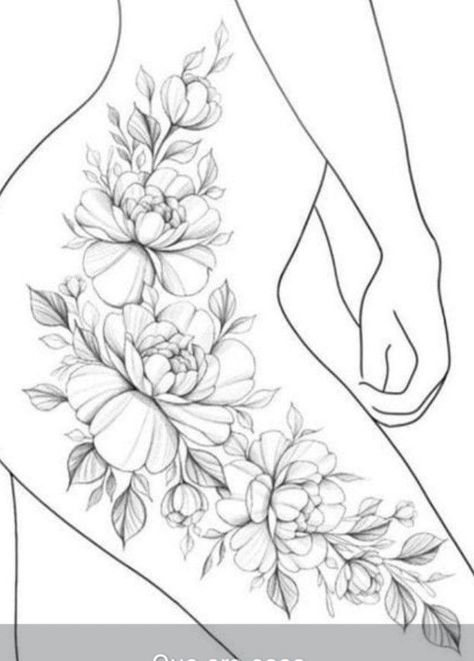 Rose Tattoo Leg, Flower Vine Tattoos, Ornament Tattoo, Peony Flower Tattoos, Floral Thigh Tattoos, Hip Thigh Tattoos, Hip Tattoos Women, Silhouette Tattoos, Vine Tattoos