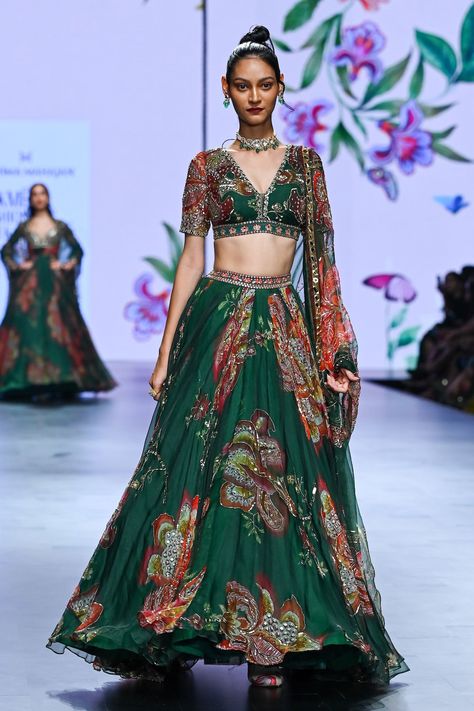 Lia Ruffled Saree, Blouse With Belt, Mahima Mahajan, Lehenga Style Saree, Indian Bridesmaid Dresses, Green Lehenga, Lehenga Style, Embroidered Lehenga, Indian Wedding Wear