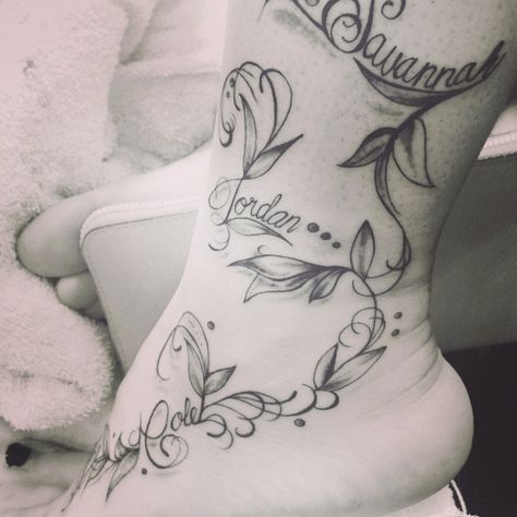 Vine tattoo with kids names #savannah #cole #jordan #bri Tattoos With Multiple Names, Vine With Names Tattoo, Vine Tattoo With Names, Over The Shoulder Tattoo, Tattoo Kids Names, Kid Name Tattoo Ideas Mothers, The Shoulder Tattoo, Tattoo Vines, Wrist Tats