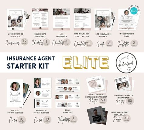 "Capture leads and convert them into business with this starter marketing kit for life insurance brokers and life insurance agents. Specifically designed for insurance sales professionals, the ELITE (VIP) kit includes top-selling checklists and guides, social media posts, digital business cards and personal promotion materials - all in one listing! This is a unique opportunity to stock up on some perfectly performing marketing materials at a fraction of the cost... Months and months of work went Life Insurance Agent Business Cards, Life Insurance Agent Marketing Ideas, Insurance Agent Marketing, Life Insurance Broker, Canva Templates Ideas, Life Insurance Marketing Ideas, Canva Templates Free, Insurance Marketing Ideas, Aesthetic Canva Templates