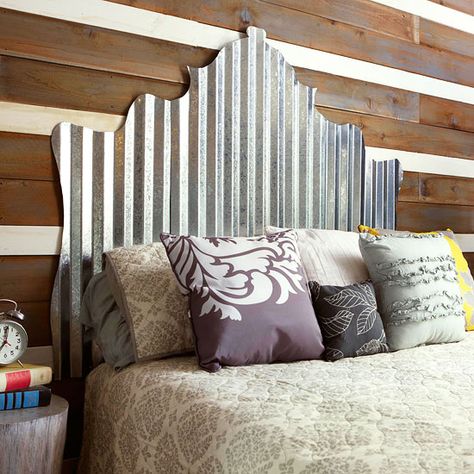 Rustic Galvanized Tin Headboard Tin Headboard, Tin Roofing, Cheap Diy Headboard, Headboard Projects, Corrugated Tin, Metal Headboard, Diy Headboards, Casa Vintage, Diy Headboard