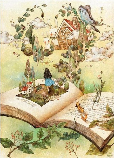 Tracing Art, Forest Girl, Reading Art, Korean Art, Dreamy Art, Ink Pen Drawings, Children Illustration, Book Illustration, Aesthetic Art