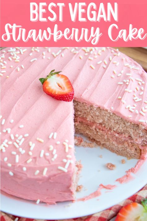 This easy vegan strawberry cake recipe has fresh berries and the best vegan strawberry frosting! The best homemade vegan cake ever! #veganstrawberrycake #vegancakerecipes #vegandessertrecipes #veganstrawberrycakerecipe Vegan Strawberry Cake, Strawberry Cake Recipe, Easy Vegan Recipes, Vegan Baking Recipes, Plant Based Desserts, Strawberry Frosting, Strawberry Cake Recipes, Vegan Cake Recipes, Vegan Bakery