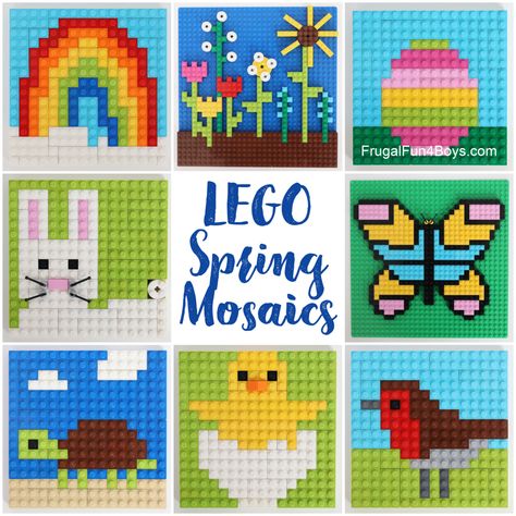 Spring LEGO Building Cards - Frugal Fun For Boys and Girls Lego Mosaic Pattern, Lego Building Cards, Build A Frog, Lego Cards, Lego Patterns, Mosaics For Kids, Makerspace Activities, Lego Easter, Lego Play