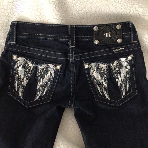 NWOT MISS ME ANGEL WING BLING JEANS SZ 26 DARK STR8 Miss Me Jeans Angel Wings, Thrift List, Bling Jeans, Angels Jeans, Silver Embroidery, Fashion Content, Trashy Y2k, Jeans Y2k, Embroidered Jeans