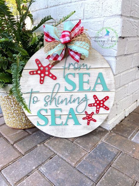 Fourth Of July Door Hangers, 4th Of July Door Hanger, Beach Signs Wooden, Patriotic Door Hanger, Door Signs Diy, Pineapple Decor, Coastal Home Decor, Sea To Shining Sea, Wooden Boards