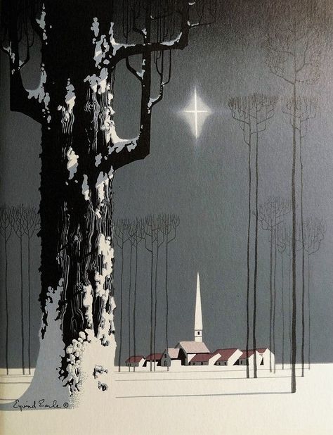 Evynd Earle, Christmas Games Ideas, Modern Vintage Christmas, Eyvind Earle, Tree Star, Games Ideas, Vintage Christmas Card, Winter Art, Environment Design