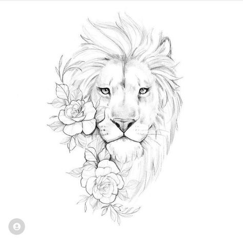 Lion Tattoo Design Feminine, Lion Tattoo With Flowers, Lion Flower, Lion Art Tattoo, Animal Paintings Acrylic, Hip Thigh Tattoos, Lion Head Tattoos, Mommy Tattoos, Lion Tattoo Design