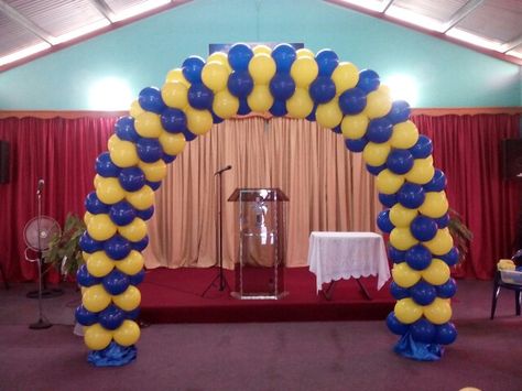 Blue and yellow balloon arch Yellow And Blue Balloons, Blue And Yellow Balloon Arch, Blue And Yellow Balloon Garland, Yellow Balloon Arch, Curtain Backdrop Wedding, Yellow Party Decorations, Backdrops Ideas, Valentines Designs, Balloon Inspiration