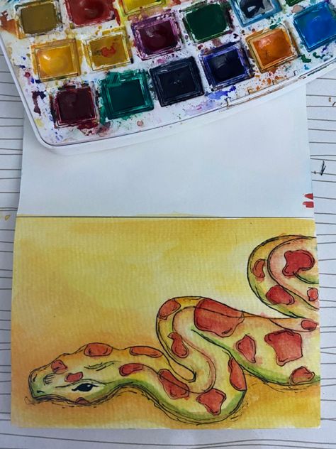 Snake Drawing Watercolor, Watercolor Snake Painting, Snake Painting Easy, Snake Painting Acrylics, Watercolour Snake, Snake Watercolor, Aboriginal Art Australian, Painting Madhubani, Crayons Artwork