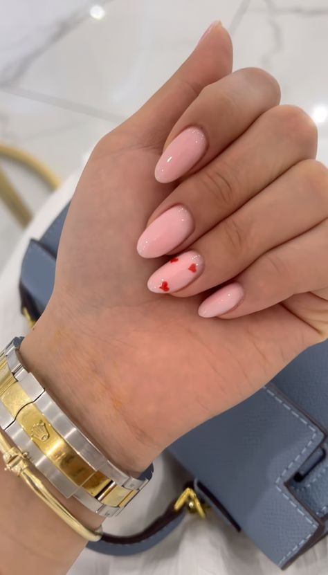 Basic Valentines Day Nails Almond, Simple Vday Nails Almond, Round Heart Nails, Pink Simple Valentine Nails, Short Almond Valentines Nails Pink, Valentines Day Nails Oval Shape, Valentines Nails Oval Shape, Pink Nails With Pink Hearts, Simple Pink Heart Nails