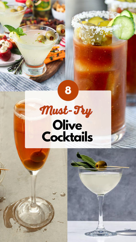 Olive Cocktails Cocktails With Olives, Drinks With Olives, Savory Cocktails, Olive Cocktail, Batch Cocktails, Olive Juice, Classic Martini, Cocktails To Try, Olive Relish