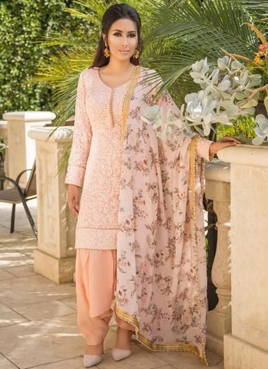 Peachy Pink Embroidered Punjabi Suit with Floral Dupatta Suit With Floral Dupatta, Cotton Punjabi Suits, Lace Anarkali, Matching Lehenga, Floral Dupatta, Frocks And Gowns, Straight Suit, Pink Kurta, Punjabi Fashion