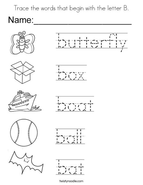 Trace the words that begin with the letter B Coloring Page - Twisty Noodle B Tracing Worksheet, Trace Worksheet, Letter B Coloring Pages, Word Tracing, Letter B Worksheets, Handwriting Worksheets For Kids, Worksheet Preschool, Letter Worksheets For Preschool, Letter Tracing Worksheets