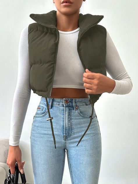 Kaki Casual Collar Sans manches Étoffe Unicolore gilet,Doudoune Embellished Pas de l'extensibilité Vest Puffer, Plain Vest, Chaleco Casual, Kids Slippers, Vest Coat, Inspiration Mode, Puffer Vest, Winter Casual, Maternity Bag