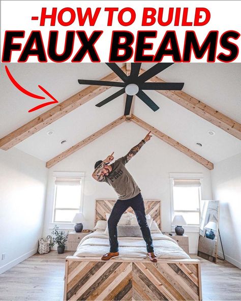 Mr. Build It - Building Faux Ceiling Beams One Side Vaulted Ceiling Beams, Diy Faux Beams Vaulted Ceiling, Fake Beams On Ceiling, Faux Beams Vaulted Ceiling, Beams Vaulted Ceiling, Fake Beams Ceiling, Fake Beam, Vaulted Ceiling Beams, Faux Ceiling Beams