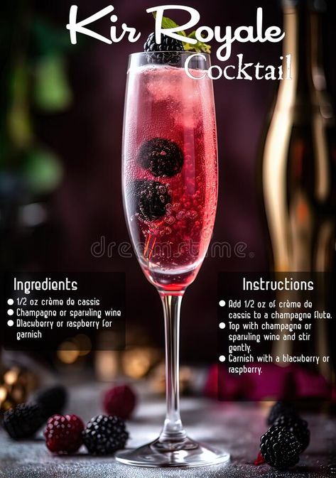 Vertical shot of a kir royale cocktail with its ingredients and instructions lists stock images Royal Soft Drink, Royal Softdrinks, Kir Cocktail, Cocktail Classics, Kir Royale Cocktail, Kir Royale, Cocktail Ingredients, Sparkling Wine, Dinner Party