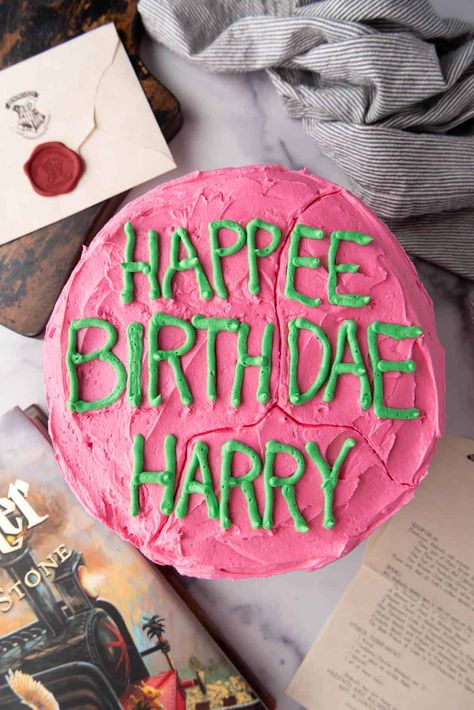 Harry Potter Birthday Cake Chocolate Tres Leches Cake, Magnolia Bakery Banana Pudding, Harry Potter Birthday Cake, Birthday Cake Writing, Harry Birthday, Cake Writing, Pink Food Coloring, Pink Frosting, House Cake