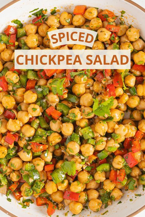 This 15 minute spiced chickpea salad is made with diced bell pepper, fresh herbs, Moroccan spices and lemon juice. The Mediterranean flavors make this a super refreshing and easy salad to make and enjoy as a side, snack or meal! Moroccan Chickpea Salad, Easy Chickpea Salad, Easy Salads To Make, Couscous Dishes, Moroccan Salad, Mediterranean Flavors, Chickpea Salad Recipes, Spiced Chickpeas, Dry Chickpeas