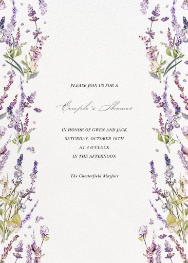 "French Lavender" Rsvp Event by  Monique Lhuillier - online at Paperless Post Lavender Invitation Template, Lavender Baby Shower Theme, French Lavender Wedding, Lavender Invitation, Lavender Baby Showers, Geometric Invitations, Belated Birthday Card, Purple Wedding Invitations, Wedding Guest List