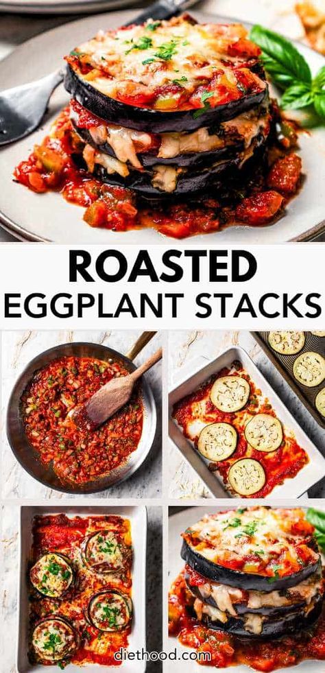 This stacked roasted eggplant recipe combines sweet oven roasted eggplants with savory homemade tomato sauce and gooey mozzarella cheese! #eggplant #vegetarian Roasted Eggplant Oven, Eggplant In Oven, Eggplant Oven, Diethood Recipes, Eggplant Stacks, Roasted Eggplant Recipes, Oven Roasted Eggplant, Tomatoes Dinner, Plant Recipes