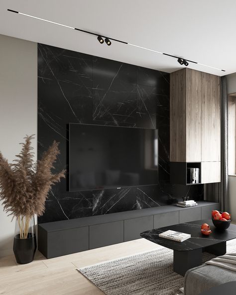 KITCHEN-LIVING ROOM :: Behance Tv Cabinet Wall Design, Kitchen Remodel Countertops, Tv Unit Interior Design, Tv Units, Color Interior, Tv Wall Design, Living Room Design Decor, Fireplace Wall, Dark Color