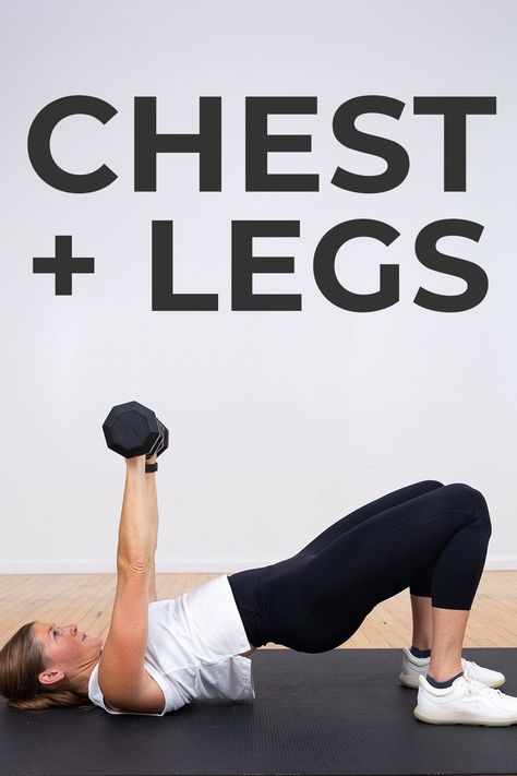 Build muscle, burn calories and increase strength in the upper and lower body with this Chest and Leg Workout. This all strength workout supersets chest exercises and leg exercises together to maximize muscle building in a short period of time. These are big, powerful muscle groups - which means that training them together is an efficient way to build muscle at home. Leg Workout For Women, Muscle At Home, Build Muscle At Home, 20 Min Workout, Post Baby Workout, Gym Workout Guide, Chest Exercises, Leg Workout At Home, Workout Splits