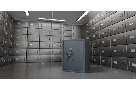 Bank deposit lockers wall with closed metal doors and black safe box, perspective view. Realistic interior empty vault for storage valuables, jewels or money, secure banking service, 3d render. Box Perspective, Bank Locker, Bank Vault, Perspective View, Safety Box, Vault Doors, Metal Doors, Bank Deposit, Deposit Box