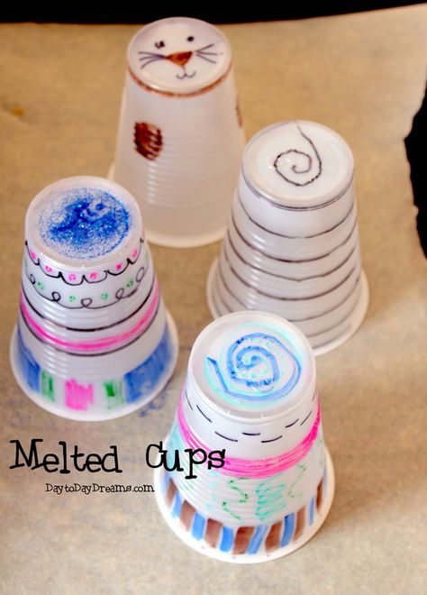 Melted Cups     DaytoDayDreams.com Melted Plastic Crafts, Clear Plastic Cups Crafts, Melting Cups Craft, Crafts With Plastic Cups, Plastic Cup Shrinky Dink, Dollar Store Crafts For Kids, Shrink Plastic Ideas, Shrinky Dink Ideas, Keurig Cups