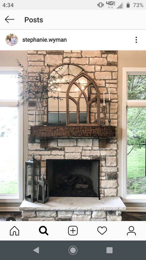 Window Pane Mantle Decor, Dark Wood Mantle Decor, Arched Mirror Mantle Decor, Mirror Layering Mantle, Cabin Mantle Decor Rustic, Arched Mirror Fireplace Mantle, Window Mirror Over Fireplace, Window Frame Mantle Decor, Arch Mirror On Mantle