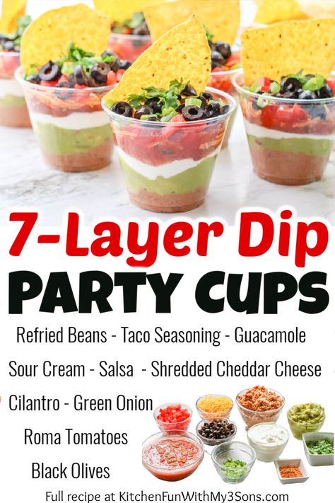 7 Layer Dip Cups, Layered Dip Cups, Dip Party, Appetizer Cups, Layered Dip Recipes, Layered Bean Dip, Layered Taco Dip, 7 Layer Dip, Mexican Buffet