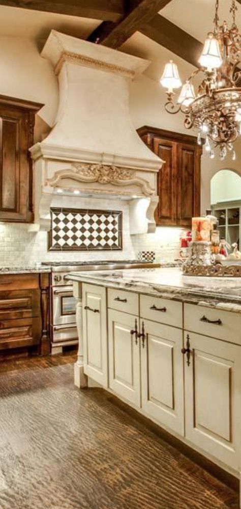 not sure about the brown cabinets but love the white and I'd change the floors too #FrenchCountryDecorating French Country Kitchen Designs, Antique White Kitchen Cabinets, Antique White Kitchen, Country Kitchen Designs, French Country Kitchens, Brown Cabinets, Tuscan Kitchen, Kitchen Cabinet Styles, French Country Kitchen