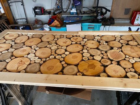 Wood Slice Fireplace Cover, Wood Slice Furniture Tree Trunks, Leftover Wood Projects, Wood Slice Countertop, Wood Slice Headboard, Log Round Wall, Wood Cookie Wall Art, Wood Slice Wall, Bedroom Redecorating