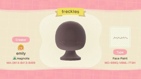 Animal Crossing Freckles Code, Animal Crossing Freckles, Animal Crossing Design Codes Face, Animal Crossing Makeup Code, Animal Crossing Makeup, How To Get Freckles, Animal Crossing Codes Clothes, Animal Crossing Hair, Acnh Clothing Designs