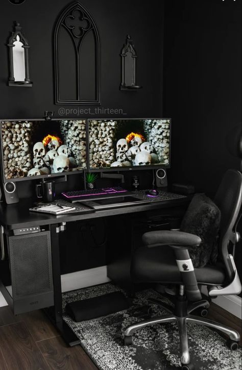 Goth Setup, Gamer Bf, Gaming Set Ups, Games Room Inspiration, College Vibes, Loft Style Bedroom, Closet Clutter, Office Corner, Pc Ideas