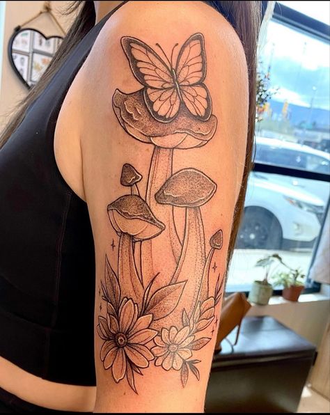 Mushrooms with butterfly and flowers Flowers Mushrooms Tattoo, Mushroom Flower Tattoo, Butterfly Mushroom, Butterfly And Flowers, Flower Tattoo, Tatting, Body Art, Stuffed Mushrooms, Tattoos