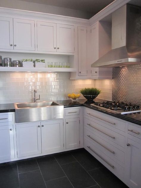 Like the two different tiles for the backsplash, shelf under the cabinet. I think I like the crown in front of the hood. Not sure. Grey Kitchen Floor Tiles, Grey Kitchen Floor, Kitchen Floor Tile, Grey Flooring, Transitional Kitchen, Kitchen Redo, Trendy Kitchen, White Kitchen Cabinets, Counter Tops