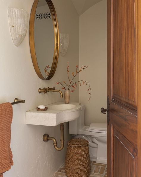 Boho Bathroom Mirror, Floating Vessel Sink, Fun Powder Room Ideas, Old Spanish Style Homes, Spanish Revival Interior, Spanish Bathroom, Spanish Revival Home, Hacienda Style Homes, Spanish Style Home