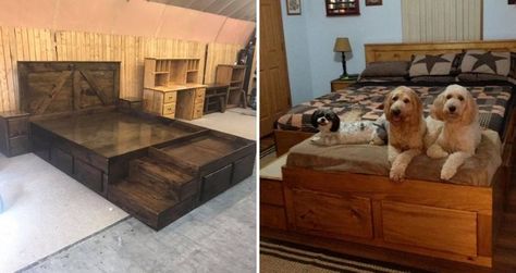 This wooden king bed by Country Creations Pine Furniture comes with a dog bed extension with stairs, storage drawers, and nightstands. Bed Extensions For Dogs, Bed Height Dog Bed, Dog Bed Extension Of Human Bed, Dog Bed Under Bed, Bed Extension For Dog, Dog Bed Attached To Bed, Dog Bed Extension, Wooden King Bed, Stairs Storage Drawers