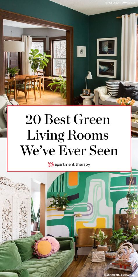 The 20 Best Green Living Room Ideas We’ve Ever Seen - Stylish Green Living Rooms | Apartment Therapy Green Living Room Color Scheme, Green Living Rooms, Green Family Rooms, Living Room Design Green, Green Living Room Ideas, Earth Tone Living Room, Blue And Green Living Room, Green Walls Living Room, Dark Green Living Room