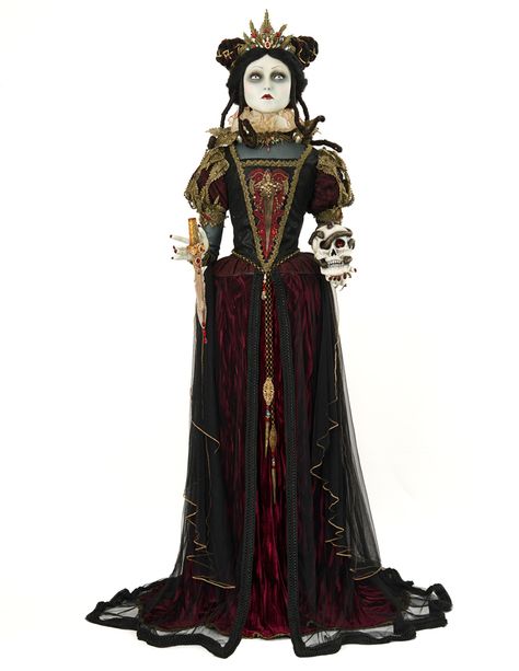 Lady MacDeath Doll Life Size - Katherine's Collection Life Size Doll, Halloween Ball, Katherine's Collection, Bethany Lowe, Royal Stafford, Moroccan Blue, Golden Crown, Black Drapes, Halloween Displays