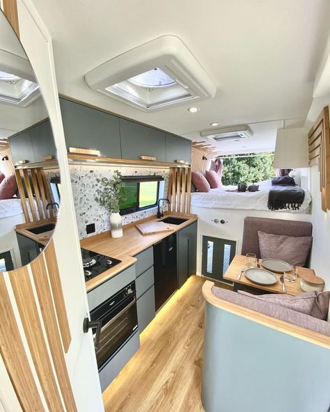 This VW Crafter conversion is a touch of class. 😍 We love the interior, as well as the comforts that come with this home. Swipe left for… | Instagram Rangement Caravaning, Astuces Camping-car, Motorhome Interior, Camper Interior Design, Tiny House Camper, Conversion Van, Kombi Home, Sprinter Van Conversion, Van Conversion Interior