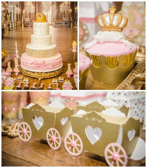 Pink + Gold Princess themed birthday party via Kara's Party Ideas KarasPartyIdeas.com Printables, cake, decor, favors, recipes, cupcakes, an... Pink Gold Party, Buffet Dessert, Princess Theme Birthday Party, Princess Theme Party, Princess Theme, Festa Party, Baby Shower Princess, Princess Birthday Party, Gold Birthday