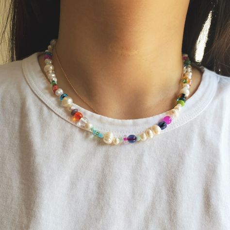 Excited to share this item from my #etsy shop: Freshwater Pearl Millefiori Beaded Necklace choker, multicolor Millefiori jewelry, pearl beaded colorful beads necklace #white #floral #rainbow #yes #pearl #unisexadults #glass #lobsterclaw #bohohippie