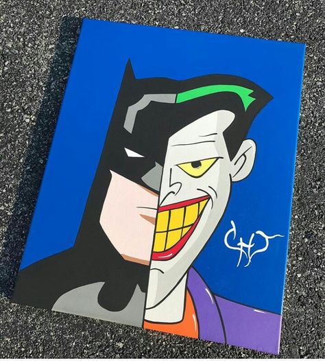 Batman Paintings On Canvas, Half Face Painting Canvas, Batman And Joker Painting, Cartoons To Paint On Canvas, Painting Ideas On Canvas Characters, Fye Drawings, Joker Painting Easy, Batman Canvas Painting, Paintings For Guys