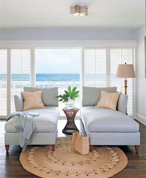 Double chaise lounges and a perfect view. Double Chaise Lounge, Dream Beach Houses, Coastal Living Rooms, Chaise Lounges, Coastal Living Room, Coastal Cottage, Style At Home, A Living Room, Settee