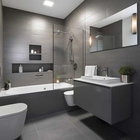 Minimalist Grey Bathroom Ideas for Small Modern Spaces • 333+ Images • [ArtFacade] Bathroom Grey Design, Small Bathroom White And Grey, Bathroom Interior Grey And White, Bathroom Ideas Light Grey, Grey And White Bathroom Ideas Decoration, Small Grey Bathroom Ideas Decor, Grey Tiled Bathrooms Ideas, Small Bathroom Ideas Grey And White, Grey Toilet Ideas