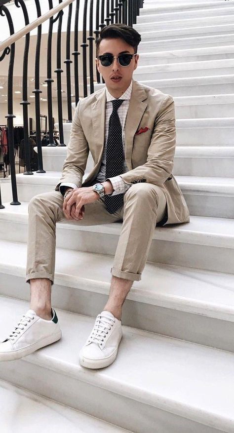 Sneakers With A Suit: The New Norm of Men’s Business Style – MANNER Mens Style Inspiration, Men Smart Casual, Sneakers Guide, Suits And Sneakers, Men's Fashion Sneakers, Dress Sneakers, Most Stylish Men, Mens Fashion Ideas, A Man In A Suit