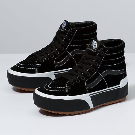 Suede Sk8-Hi Stacked | Shop Classic Shoes At Vans Black Platform Vans, Vans Shoes Fashion, Platform Vans, Vans Suede, Vans Store, Womenswear Fashion, Vans High Top Sneaker, Black Platform, New Sneakers