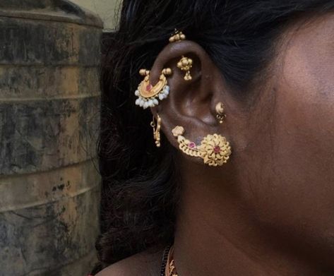 South Asian Piercing, Indian Peircings, Golden Ear Piercing, South Asian Earrings, Desi Ear Piercings, Ear Piercings Indian, South Asian Tattoo, South Asian Jewelry, Dope Jewelry Accessories